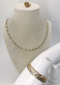 TWO TONE STERLING BRACELETS, RING +