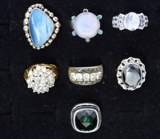 (7) LARGE GEMSTONE RINGS - STERLING