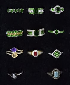 (11) STERLING GREEN GEMSTONE RINGS +