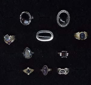 (10) STERLING RINGS WITH BLACK GEMSTONES