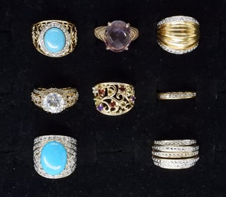 (8) 925 GOLD TONE GEMSTONE RINGS