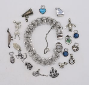VTG STERLING CHARM BRACELET & 17 CHARMS