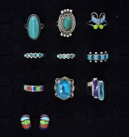 9 STERLING RINGS / 1 PR EARRINGS