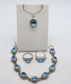 BLUE TOPAZ NECKLACE, BRACELET, RINGS 925
