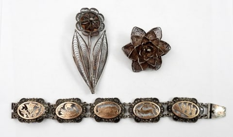 ANTIQUE TWO-TONE BRACELET & FLOWER PINS