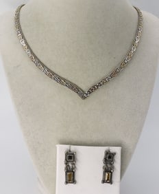 STERLING 2 TONE NECKLACE & GEM EARRINGS