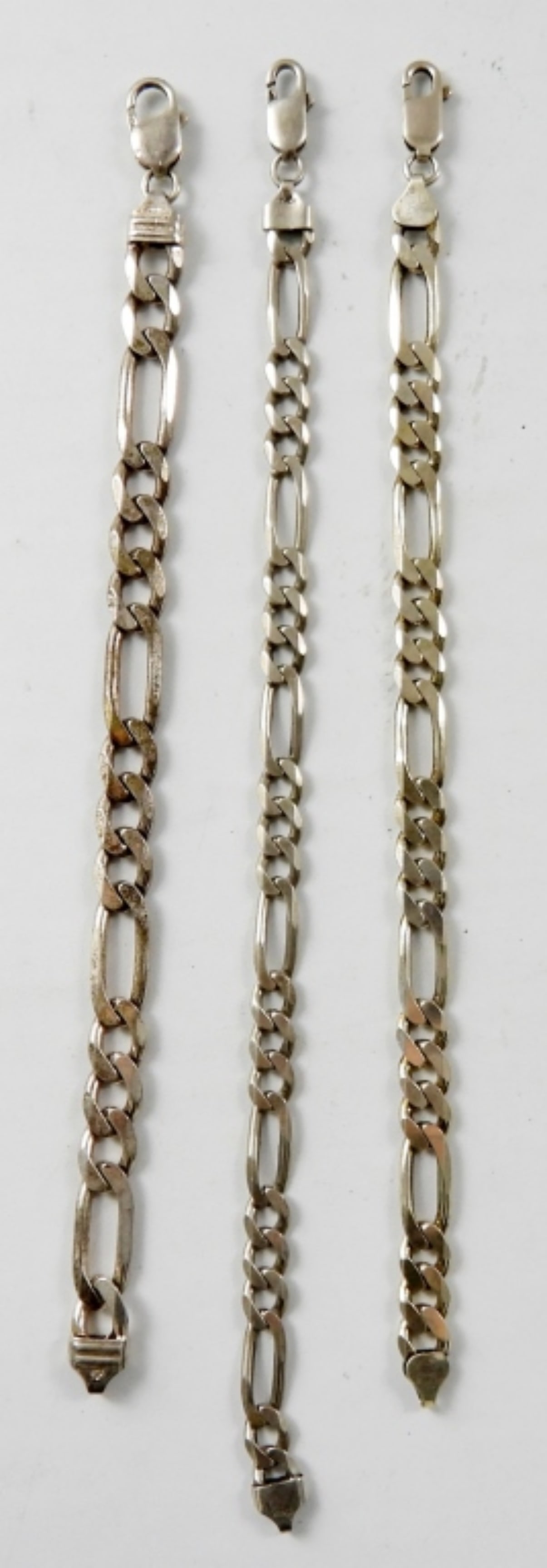 FIGARO STERLING BRACELETS: 38.4 925 STAMPED ON ALL 3 LENGTH 2-8IN LONG AND 1- 8 1/2IN LONG