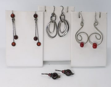 (4) STERLING PIERCED EARRINGS RED GEMS