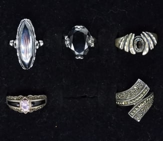 (5) MARCASITE / ONYX GEMSTONE 925 RINGS