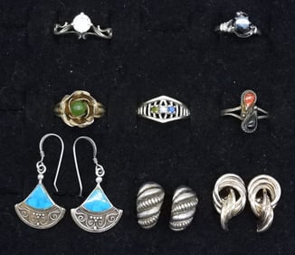 (8) STERLING RINGS AND EARRINGS
