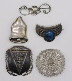 (5) VINTAGE STERLING BROOCHES