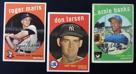 (3) 1959 TOPPS - MARIS - BANKS - LARSEN