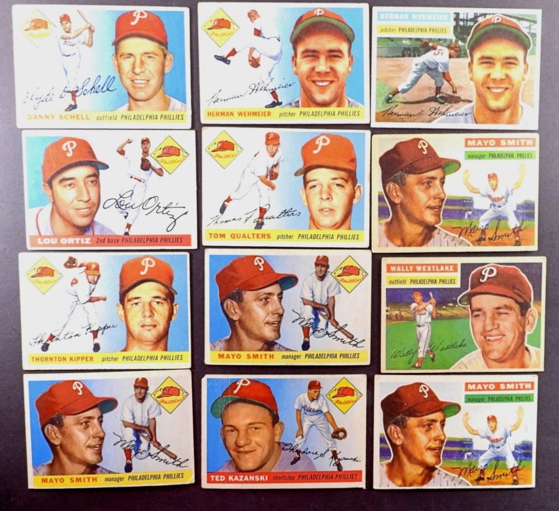(12)1955/56 TOPPS-PHILADELPHIA PHILLIES: 12-1955-TOPPS- PHILADELPHIA PHILLIES- DANNY SCHELL (OUTFIELD), LOU ORTIZ (2ND BASE), THRONTON KIPPER (PITCHER). ALL OF THESE CARDS ARE VG/GOOD CONDITION OR BETTER. PREOWNED.