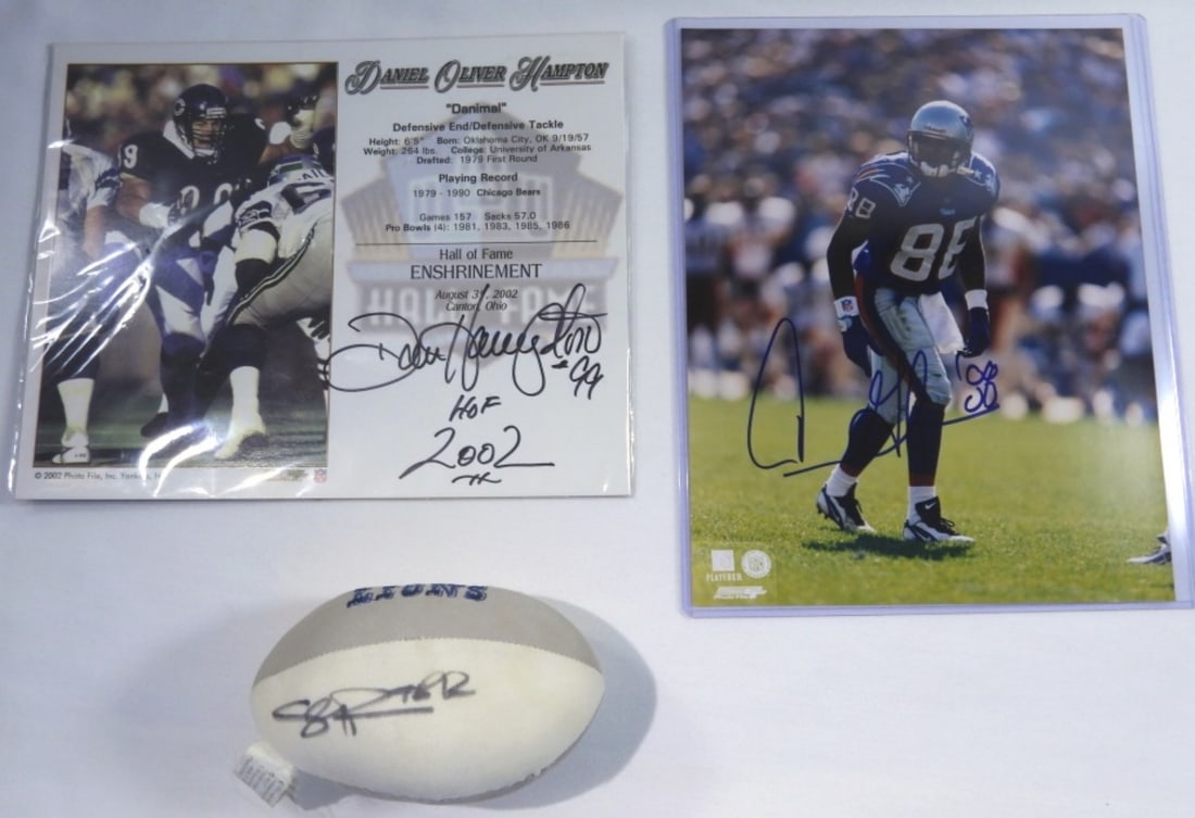 (3) NFL AUTOGRAPHS - TERRY GLENN,: DANIEL OLIVER HAMPTON & SIGNED LIONS TALKING SMASHER FOOTBALL unidentified / NO COAs