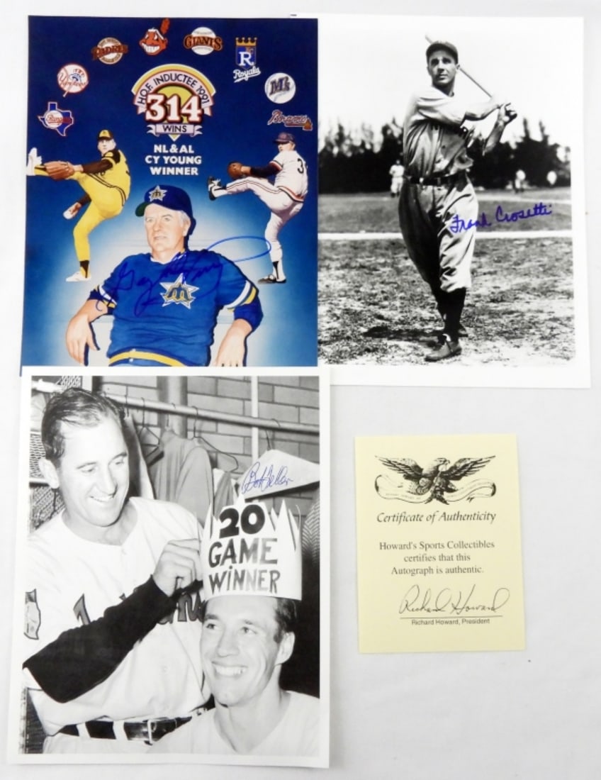 (3) AUTO PHOTO - BOB FELLER &: BOB FELLER AUTOGRAPHED PHOTO COA NOT VERIFIED. FRANK CROSETTI - AUTOGRAPHED PHOTO NO COA NOT VERIFIED. GAYLORD PERRY HOF 314 WINS- AUTOGRAPHED NO COA NOT VERIFIED.