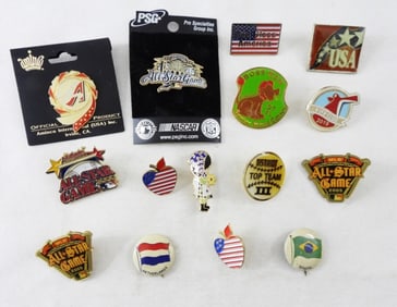 15 ASSORTED PIN LOT--FLAGS, BASEBALL, MISC