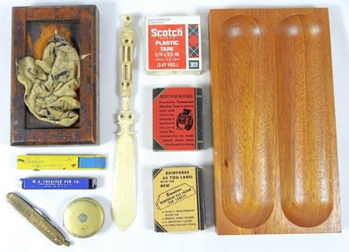 VINTAGE DESK DRAWER w/LABELS, TAPE,