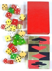 (2) DECK PLAYING CARDS & (28) VTG DICE