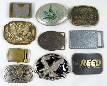 (10) VINTAGE BELT BUCKLES - EAGLES , CAT
