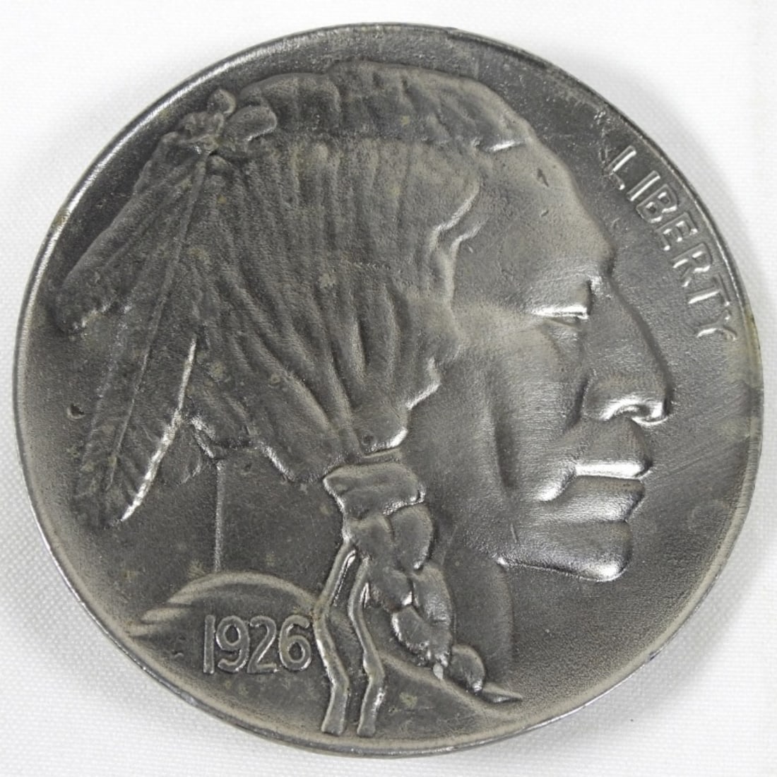 1979 INDIAN HEAD NICKEL BELT BUCKLE: FROM THE GREAT AMERICAN CHICAGO BUCKLE CO. #334 LIMITED EDITION, STAMPED ON THE BACK WITH MAKER COPYRIGHT 1979 SERIAL NUMBER #334
