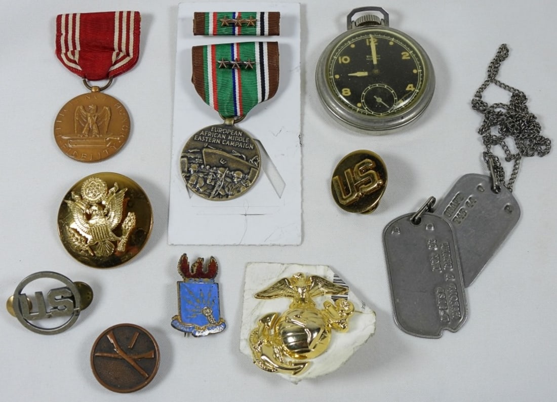 DOG TAGS, GOOD CONDUCT MEDAL, PINS: EUROPEAN CAMPAIGN, WESTCLOX POCKET WATCH untested & MORE
