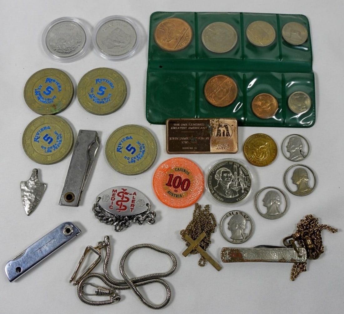 DIE-CUT COINS, CASINO TOKENS, FOREIGN: COINS, 1oz BRONZE AMERICAN GREAT, GENTLEMENS KNIFE & MORE