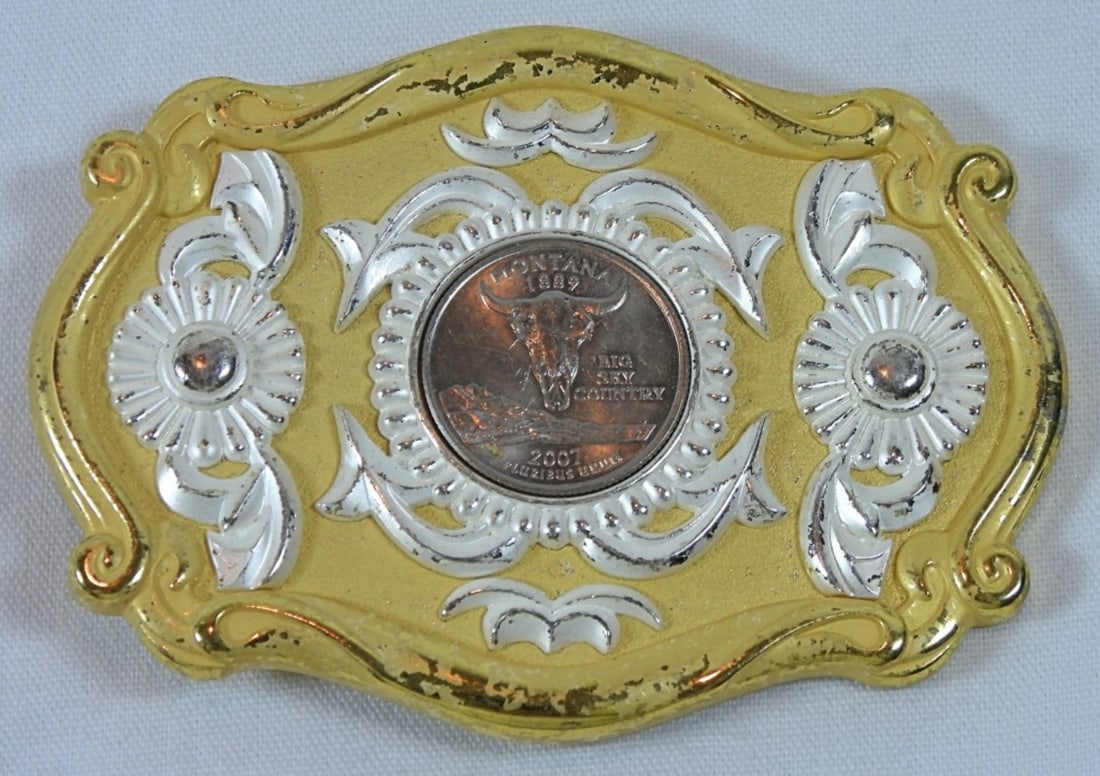 VINTAGE SILVER COIN BELT BUCKLE: VINTAGE SILVER COIN HOLDER BELT BUCKLE
