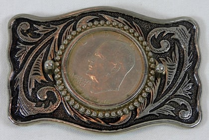 VINTAGE SILVER COIN BELT BUCKLE