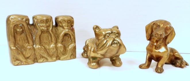 BRASS BULL DOG, WEINNER DOG & THREE
