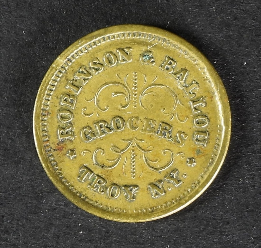 1863 ROBINSON & BALLOU CIVIL WAR TOKEN: 1863 ROBINSON & BALLOU, GROCERS TROY NY, CIVIL WAR TOKEN