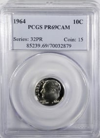 1964 ROOSEVELT DIME PCGS PR69 DCAM