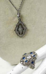 VTG 925 ART DECO RHINESTONE RING & PENDANT