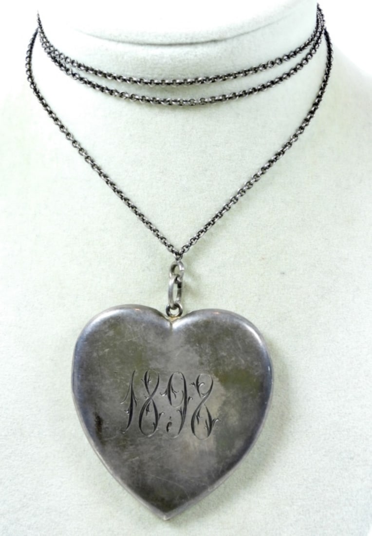 1898 STERLING HEART LOCKET on CHAIN: ENGRAVED ANTIQUE PIECE - 10" CHAIN - LARGE LOCKET (25 DWT)