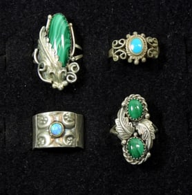 (4) MALACHITE & TURQUOISE 925 RINGS