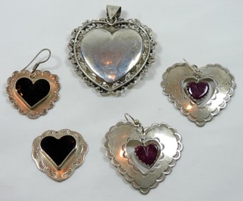 STERLING HEART LOT - PENDANT & EARRINGS