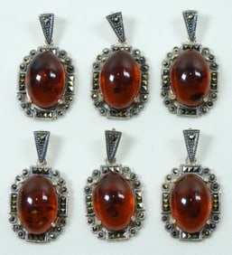 (6) AMBER LIKE STERLING PENDANTS