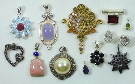 (13) STERLING FASHION PENDANTS