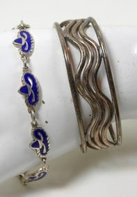2 MEXICO STAMPED DECORATIVE STERLING BRACELETS 8.5