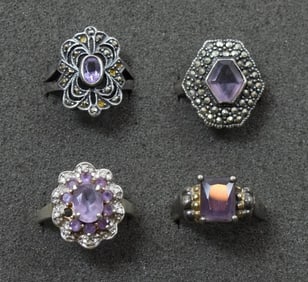 (4) STERLING AMETHYST RINGS