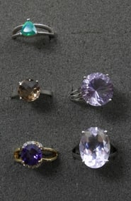 (5) 925 AMETHYST, SMOKEY QUARTZ & MORE RINGS