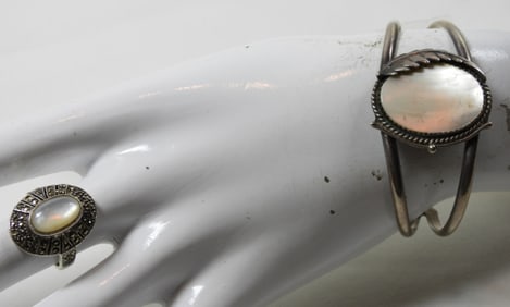 MOTHER OF PEARL STERLING CUFF & RING