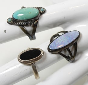 (3) 925 RINGS, TURQ, OPALITE, BLK ONYX