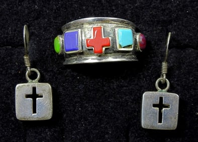 STERLING CROSS RING & EARRINGS