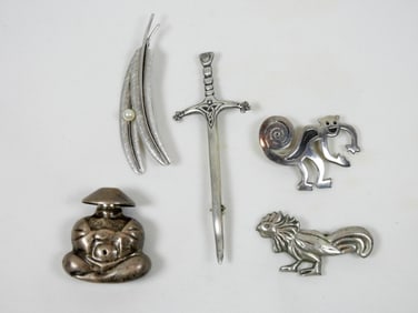 4 VARIETY STERLING PINS AND 1 PERFUME BOTTLE