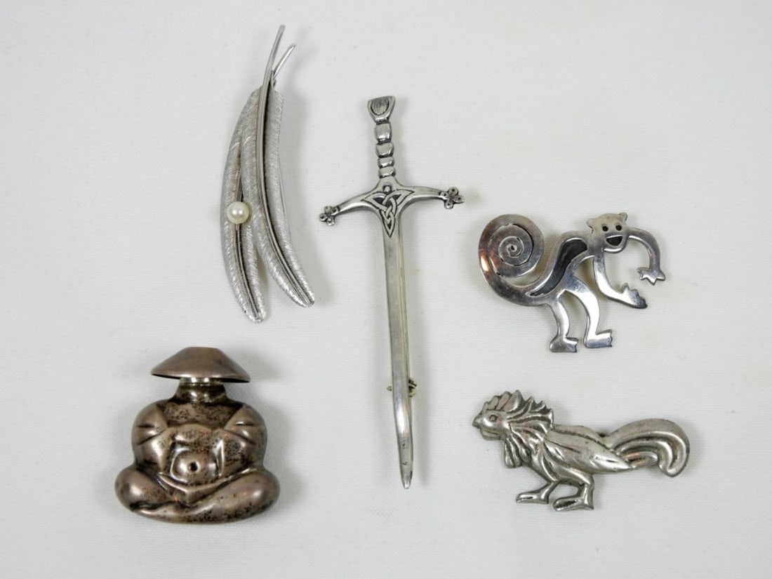 4 VARIETY STERLING PINS AND 1 PERFUME BOTTLE (1 of 2)