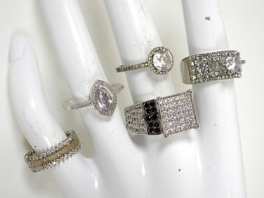 5 VARIETY STERLING CLEAR GEM RINGS 6.5-8