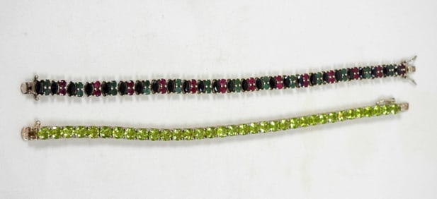 2 STERLING MULTICOLOR GEM STONE BRACELETS 7.5-8''