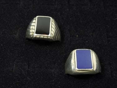 2 STERLING LAPIS & BLACK ONYX VTG RINGS