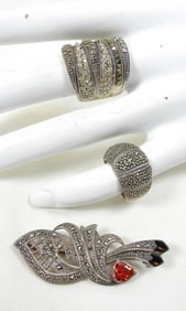 MARCASITE STERLING 2 RINGS &1 BROOCH