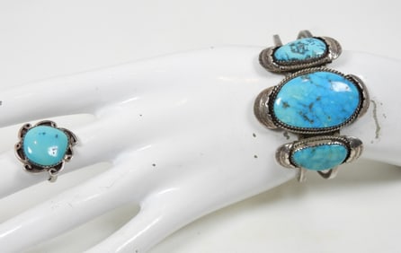 STERLING TURQUOIS CUFF BRACELET & RING